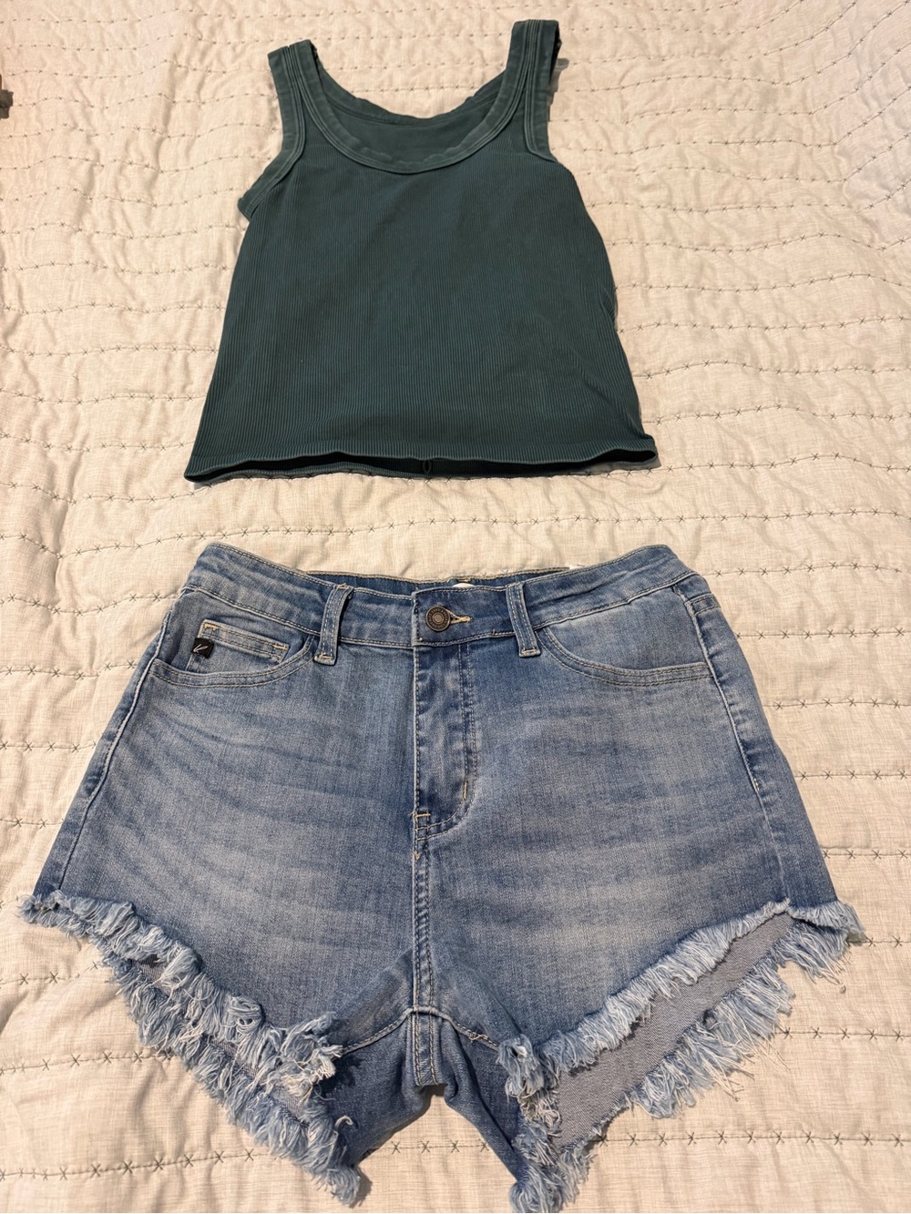Nikibiki Forest Green Ribbed Tank and Kan Can Light Blue Frayed Denim Shorts